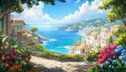 Obraz premium summer seascape, with a small coastal town featuring whitewashed houses and vibrant flowers in bloom. The landscape is depicted in a wall painting style