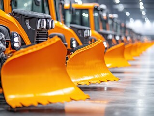 Line of orange snowplows ready for winter operation.