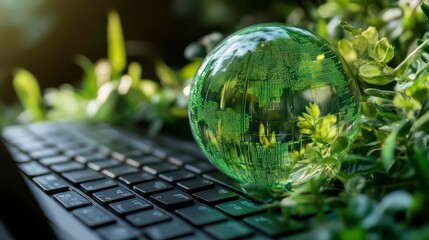 Green digital holographic globe on a black laptop keyboard with surrounding foliage, emphasizing digital nature integration