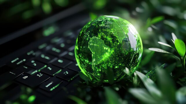 Green digital holographic globe on a black laptop keyboard with surrounding foliage, emphasizing digital nature integration