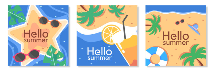 Naklejka premium Set of Summer nature square poster, social media, cover, card with sea, plant, beach, fruit slices, floats, tree and typography design. Seasonal holidays, vacation travel vector illustration.