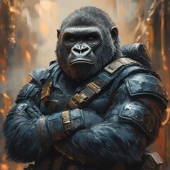 A powerful gorilla in futuristic armor, arms crossed, looking directly at the viewer.