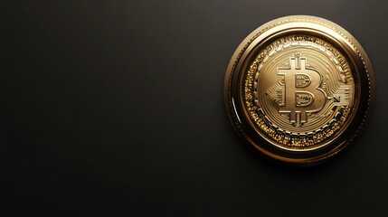 Close-up shot of a golden Bitcoin cryptocurrency coin on a dark background with copy space.