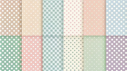 A collection of twelve seamless patterns with polka dots and delicate circular designs, featuring a variety of pastel hues on textured backgrounds