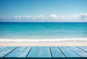 Obraz premium Empty wooden table on blur background of beautiful beach for mockup summer product display or travel ad. Picnic table with customizable space on table-top for editing.