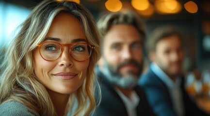 Obraz premium A young woman with blonde hair and glasses smiles while looking at something off-camera. Two men are blurred in the background.