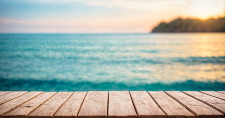 Obraz premium Empty wooden table on blur background of beautiful beach for mockup summer product display or travel ad. Picnic table with customizable space on table-top for editing.