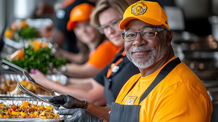 Community food distribution event local venue charity initiative indoor setting positive atmosphere supporting neighbors