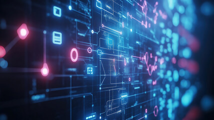 Medical icon network connection on a virtual screen interface in a hospital background