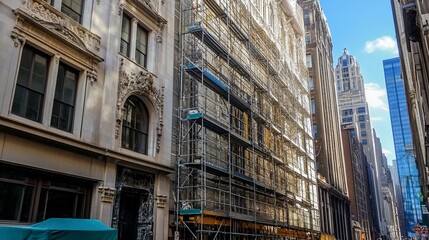 A row of historic buildings in the city, one under construction, with scaffolding and a blue tarp covering the sidewalk.
