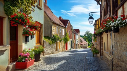 A picturesque view of a quaint European village with cobblestone streets, colorful houses, and flower boxes under a clear blue sky