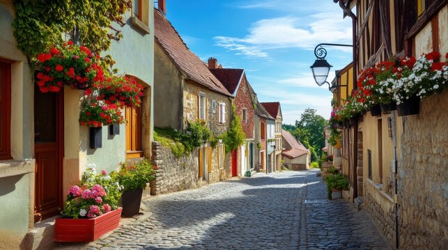 A picturesque view of a quaint European village with cobblestone streets, colorful houses, and flower boxes under a clear blue sky