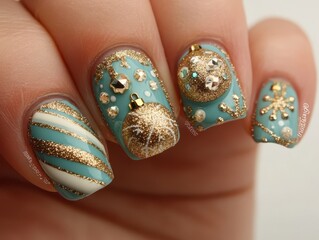 Festive Teal and Gold Christmas Nail Art Design.