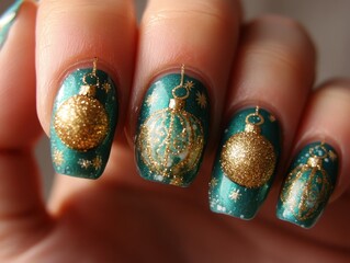 Festive Teal and Gold Christmas Nail Art Design.