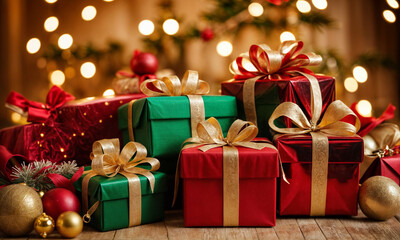 Obraz premium Christmas Holiday Background With Gift And Decorations On A Sunny Background