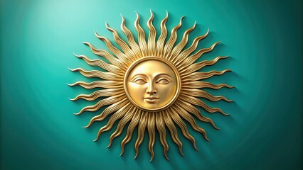 A golden sunburst with a serene face, radiating warmth and optimism against a teal background.