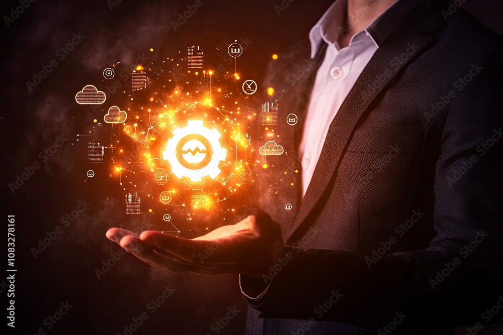 Poster businessman holding glowing gears with icons of technology and data in a dark setting creating a fut