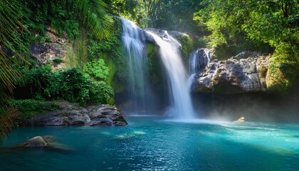 Obraz premium Tropical Waterfall Cascading Over Jagged Rocks Into a Crystal Clear Pool, Surrounded by Lush Green Jungle Foliage and Mist Rising Into the Warm Humid Air