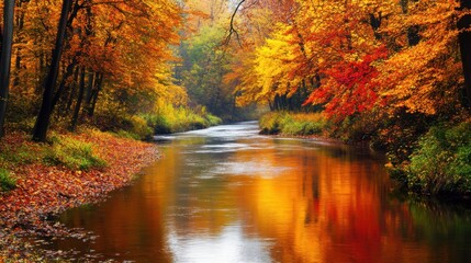 Obraz premium A picturesque view of a winding river through a colorful autumn forest, with golden and red leaves reflecting on the water's surface, Autumn forest scene