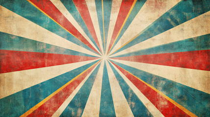 Colorful striped background with red, blue, and beige rays emanating from the center
