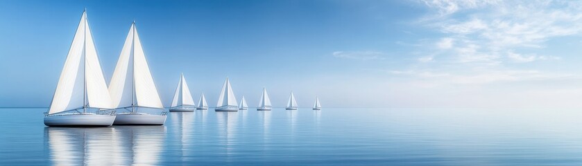 Fototapeta premium Sailing boats glide through calm waters under a serene blue sky.