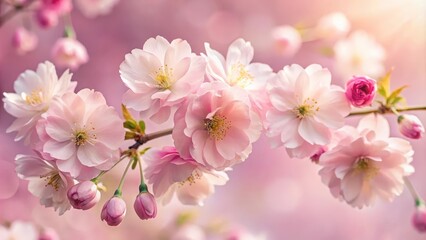 Obraz premium Delicate pink cherry blossoms, their petals unfurling in the gentle warmth of spring sunlight, offer a breathtaking display of nature's beauty.
