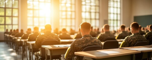 Obraz premium Soldiers engaged in training session during sunlit classroom.