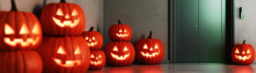 Fototapeta premium Spooky Halloween pumpkins with carved faces glowing in the dark.