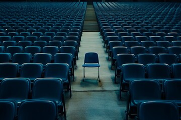 Obraz premium A single blue chair stands alone in a vast empty auditorium during an event preparation early in the morning. Generative AI