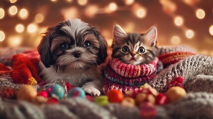 Cozy Christmas Kittens and Puppy Festive Friends in Knitwear