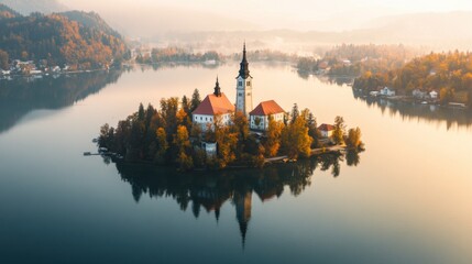 Obraz premium A serene aerial perspective of the autumn foliage reflecting on the tranquil waters of Lake Bled, Slovenia, with the iconic church on Bled Island under the soft light of sunrise