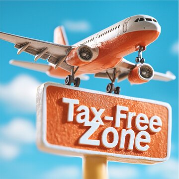 Tax free concept.A miniature airplane hovers above a vibrant "Tax-Free Zone" sign, set against a bright sky, symbolizing travel and duty-free shopping.