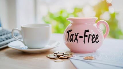 Tax free concept.A pink piggy bank labeled "Tax-Free" next to a coffee cup, symbolizing savings and financial wellness.