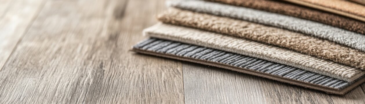 Various carpet samples displayed on a wooden floor surface.