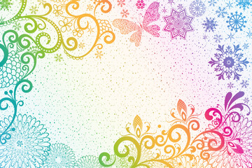 Vector colorful Christmas frame with doodle snowflakes, butterflies and berries on a white background