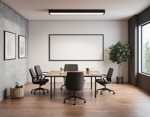 Modern office with blank wall for poster display and meeting layout.