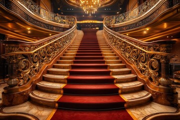 Obraz premium majestic royal escalator in a luxury hotel, featuring intricate gold accents and plush velvet handrails, rising through a spacious lobby adorned with marble floors