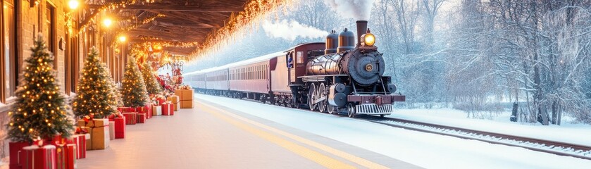Obraz premium Vintage train arriving at a snowy station decorated for Christmas.