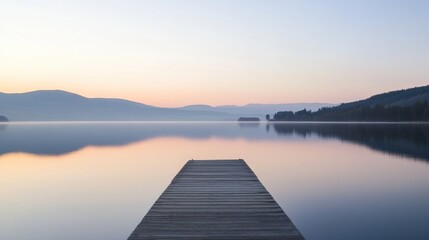 Fototapeta premium A serene view of a calm lake at dusk, with a small wooden pier extending into the water and distant mountains reflecting on the glassy surface, Lakeside dusk scene