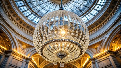 Obraz premium A sparkling crystal chandelier hangs beneath a grand dome, illuminating the ornate interior with a warm glow.