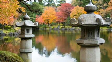 Naklejka premium A serene view of a peaceful Japanese garden with a serene pond, stone lanterns, and maple trees ablaze in autumn colors