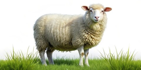 Naklejka premium A single sheep standing in a field of green grass, looking directly at the camera with its fluffy white fur and pink nose