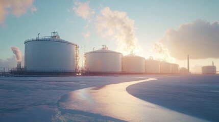 Obraz premium Large industrial tanks at sunset. A photo showing the industrial scale of liquid gas storage facilities.