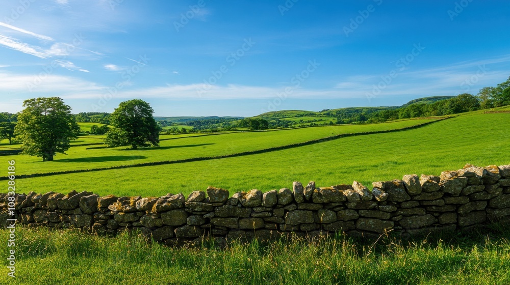 Poster a serene view of a rolling countryside with a stone wall dividing lush green fields under a bright b