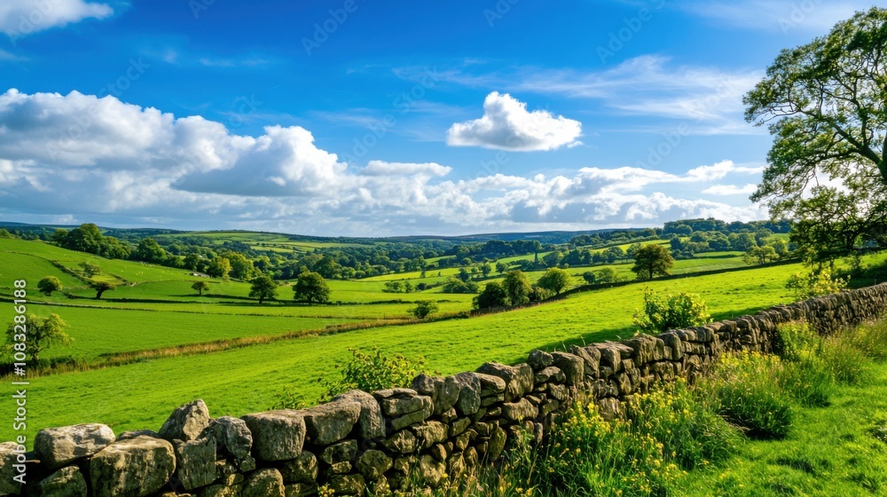 Poster a serene view of a rolling countryside with a stone wall dividing lush green fields under a bright b