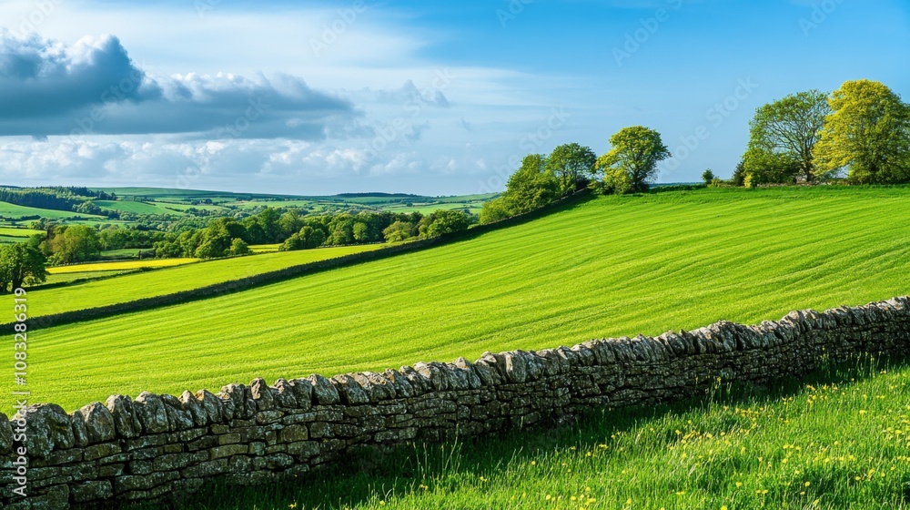 Poster a serene view of a rolling countryside with a stone wall dividing lush green fields under a bright b