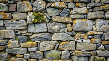 Obraz premium A weathered stone wall with a mix of irregular shaped stones, displaying the natural beauty of time and nature's artistry.