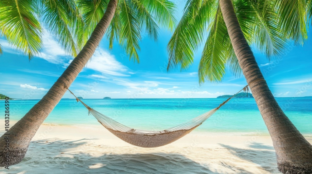 Aufkleber a serene view of a tranquil beach with white sands, turquoise waters, and a hammock strung between t