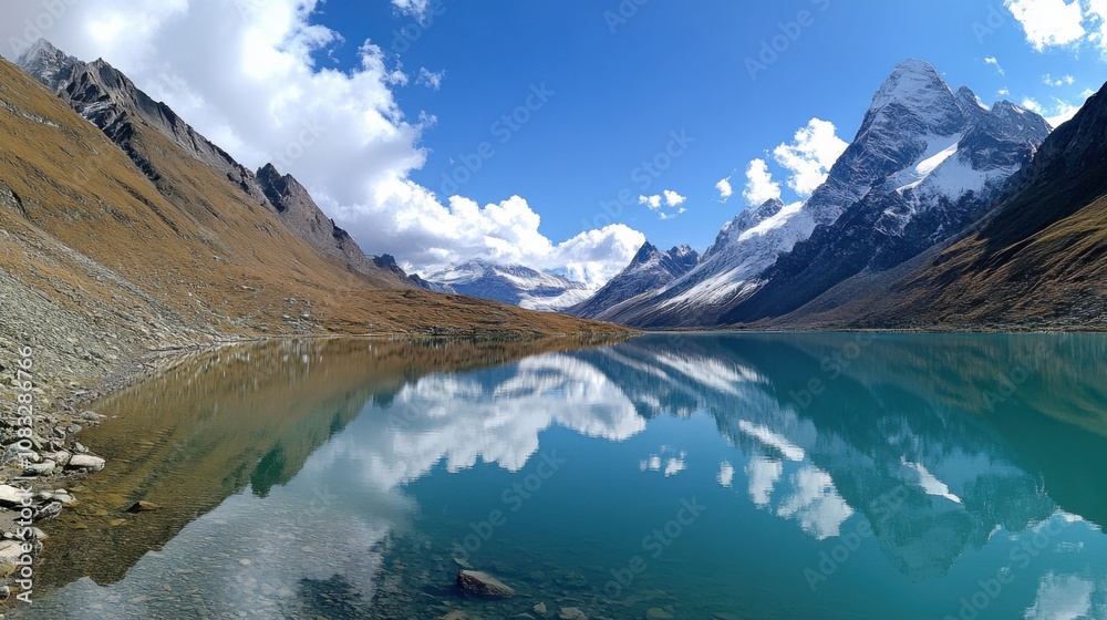 Poster a serene view of a tranquil lake surrounded by towering mountains dusted with snow, reflecting the a
