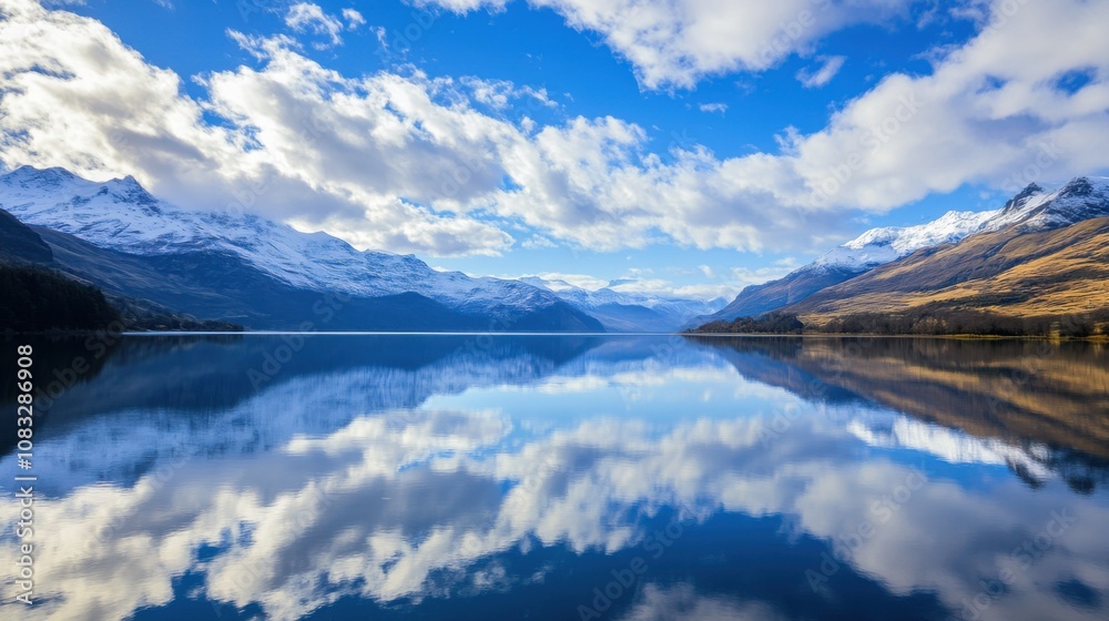 Poster a serene view of a tranquil lake surrounded by towering mountains dusted with snow, reflecting the a